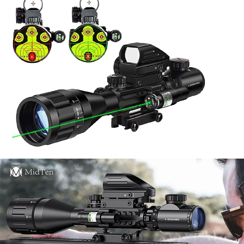 MidTen 4-16x50 AO Tactical Rifle Scope Dual Illuminated Rangefinder Optics & 4 Holographic Reticle Red Dot Sight & Laser Sight