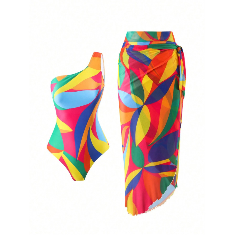 25Printed One-Shoulder Fashion One-Piece Wrap Skirt Swimsuit Set Beach Vacation In-Stock Swimwear for Women