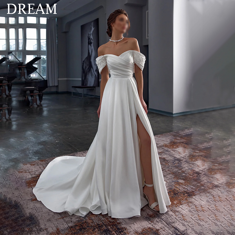 Customized Elegant Long A-Line Wedding Dresses Off Shoulder Backless Floor-Length Simple Bridal Gowns Long Beach Bride Dresses