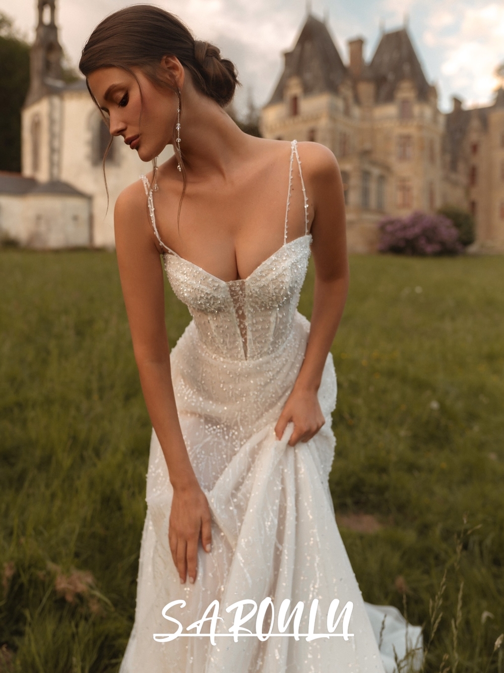 2026 Dazzling A Line Lawn Wedding Dress With Thin Straps Customized Bridal Gown Zipper Back Beaded Romantic Bride Wear