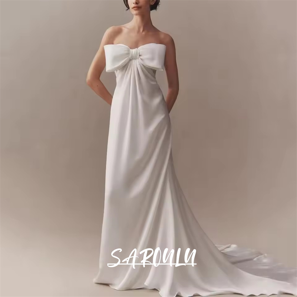 Cute Bow Morning Robe for Wedding, Strapless Simple Wedding Dresses for Women 2025, Customized Court Train Bridal Gown Reception