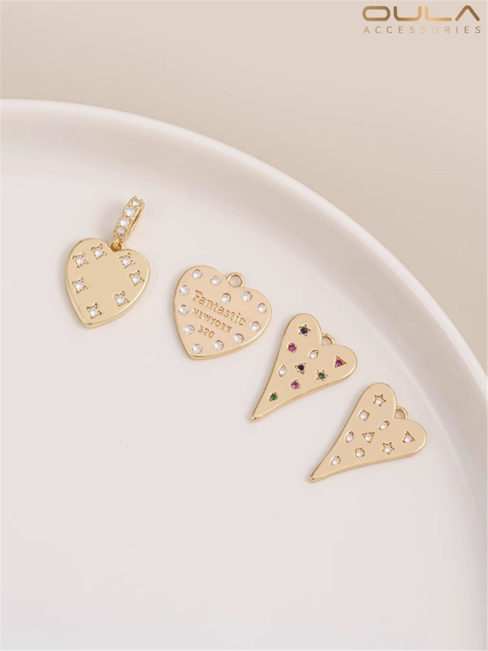 14K Gold Package Copper Plated Real Gold Letter Micro Inlaid Color Zircon Heart Peach Shape Diy Necklace Bracelet Jewelry Pendan