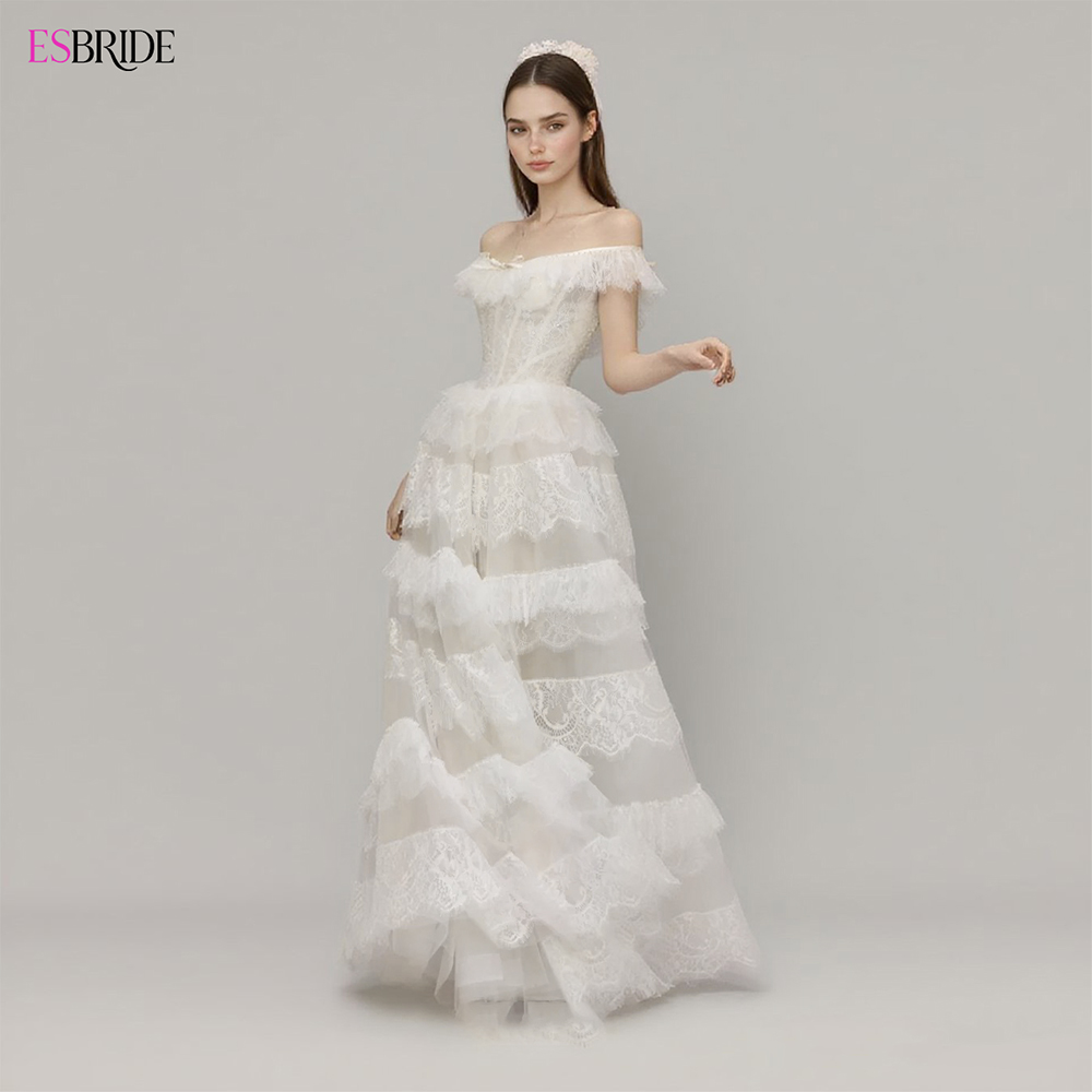 ESBRIDE Lace Multi-layer Skirt Off-the-shoulder Design Bridal Wedding Dress High-end Custom Elegant White Wedding Dress