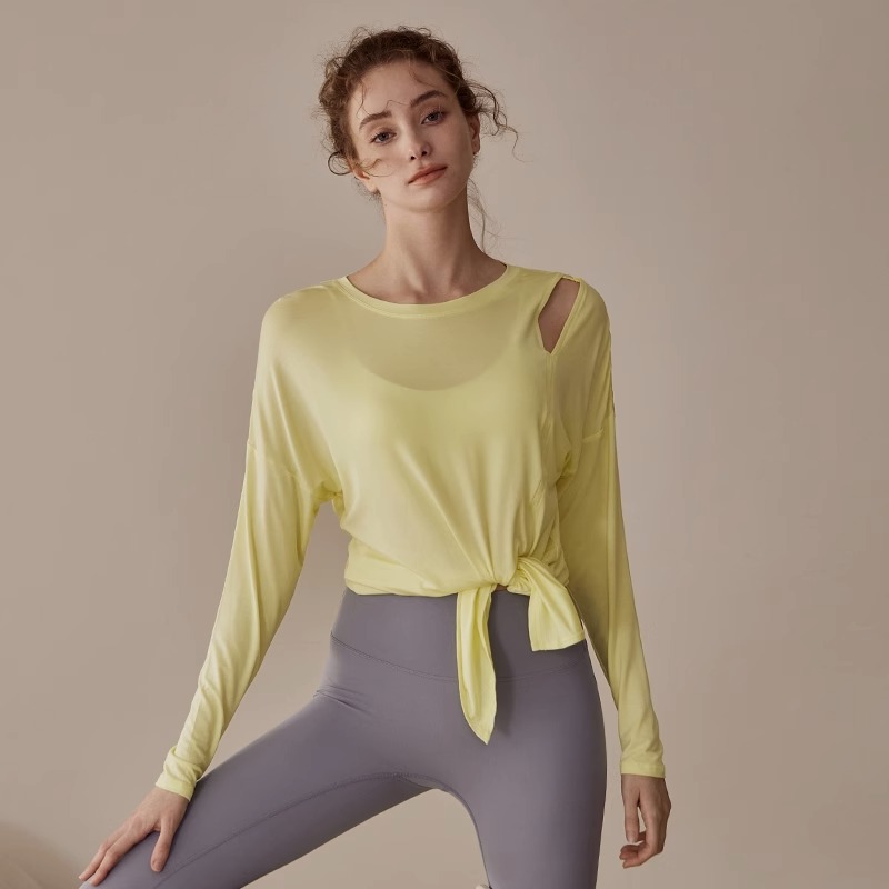 Women's Yoga Outfit New Loose Training Pilates Fitness Top Long Sleeved Side Seam Tight Sports Cover Shirt