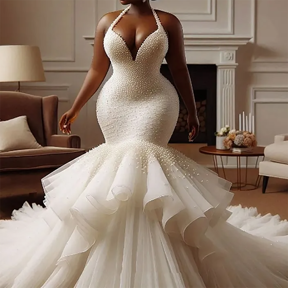 Elegant Sweetheart Sleevless Beadinng Tiered Mermaid Bride Wedding Dresses Bridal Gowns Customized