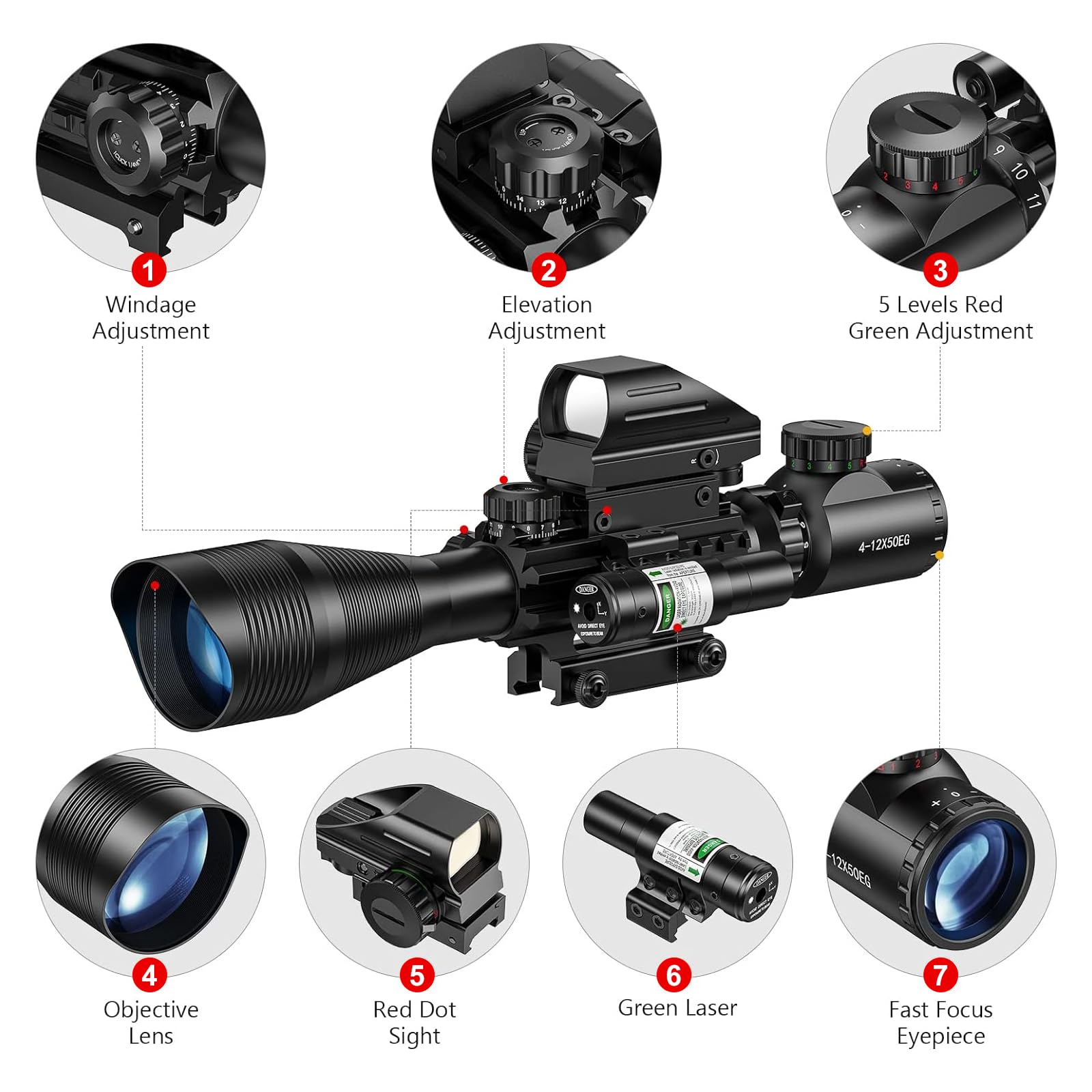 Riflescope Combo 4-12x50EG Dual Illuminated Optics Green Laser Dot  Sight 4 Holographic Reticle 20MM Scope Mount