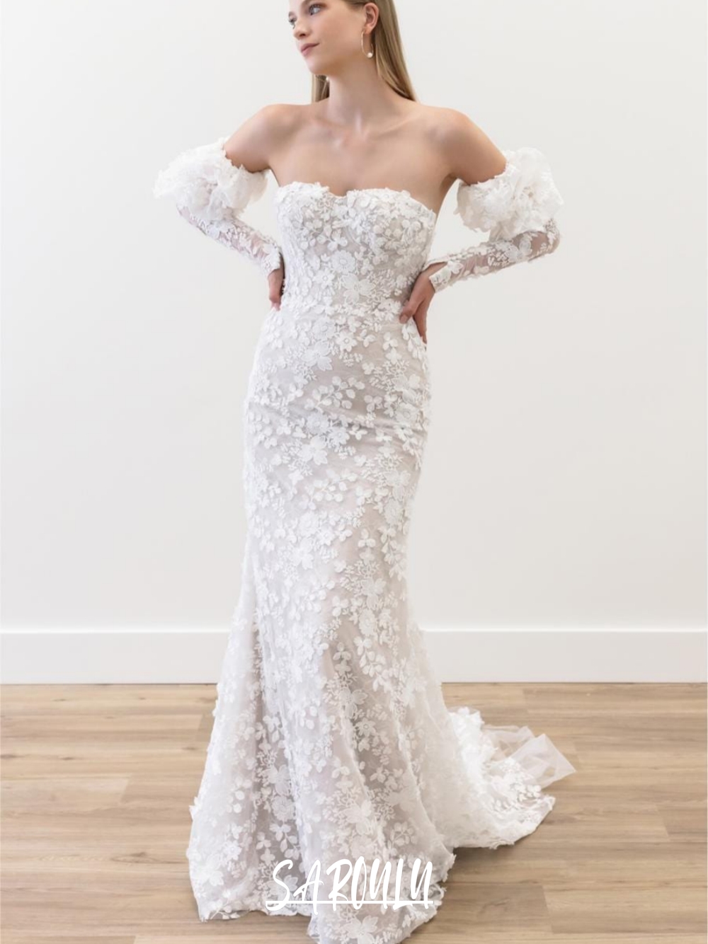 SAROULU Graceful Detachable Sleeves Wedding Dress Lace Sweetheart Neckline Mermaid Vintage Zipper Back Customized Bridal Gown