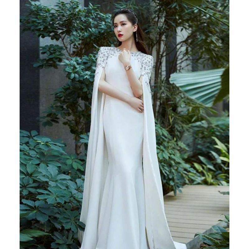 White Satin Wedding Dress With Starry Sky Sequins Birthday Banquet Stage Performance Host's Slim And Simple Dress Customized
