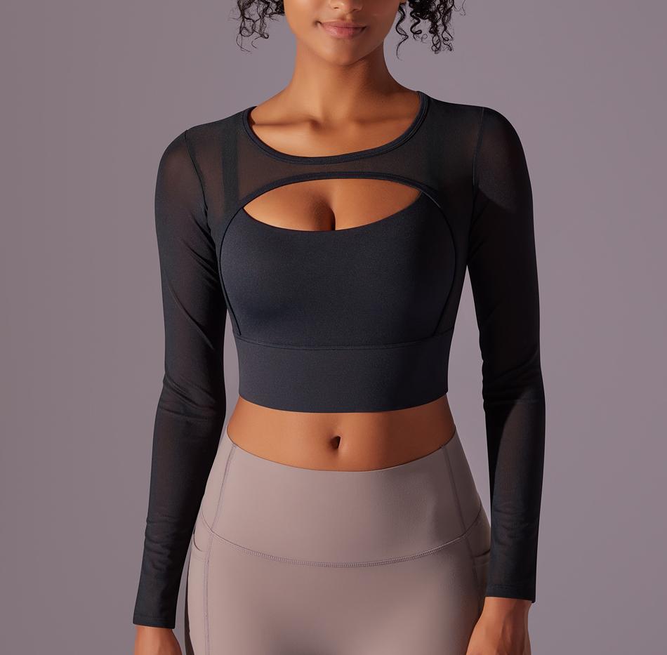 MIML Women's Sexy Mesh Semi-Transparent Double Splice Long Sleeve Tight Elastic Yoga Sportswear Fitness Top for Women Sport