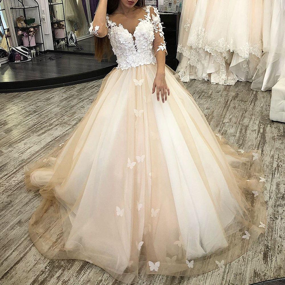 CustomizedDelicate and Exquisite Lace Appliques 3/4 Sleeves Vestido De Novia A-Line Organza Buttons Back Sweep Train  Wedding Dr