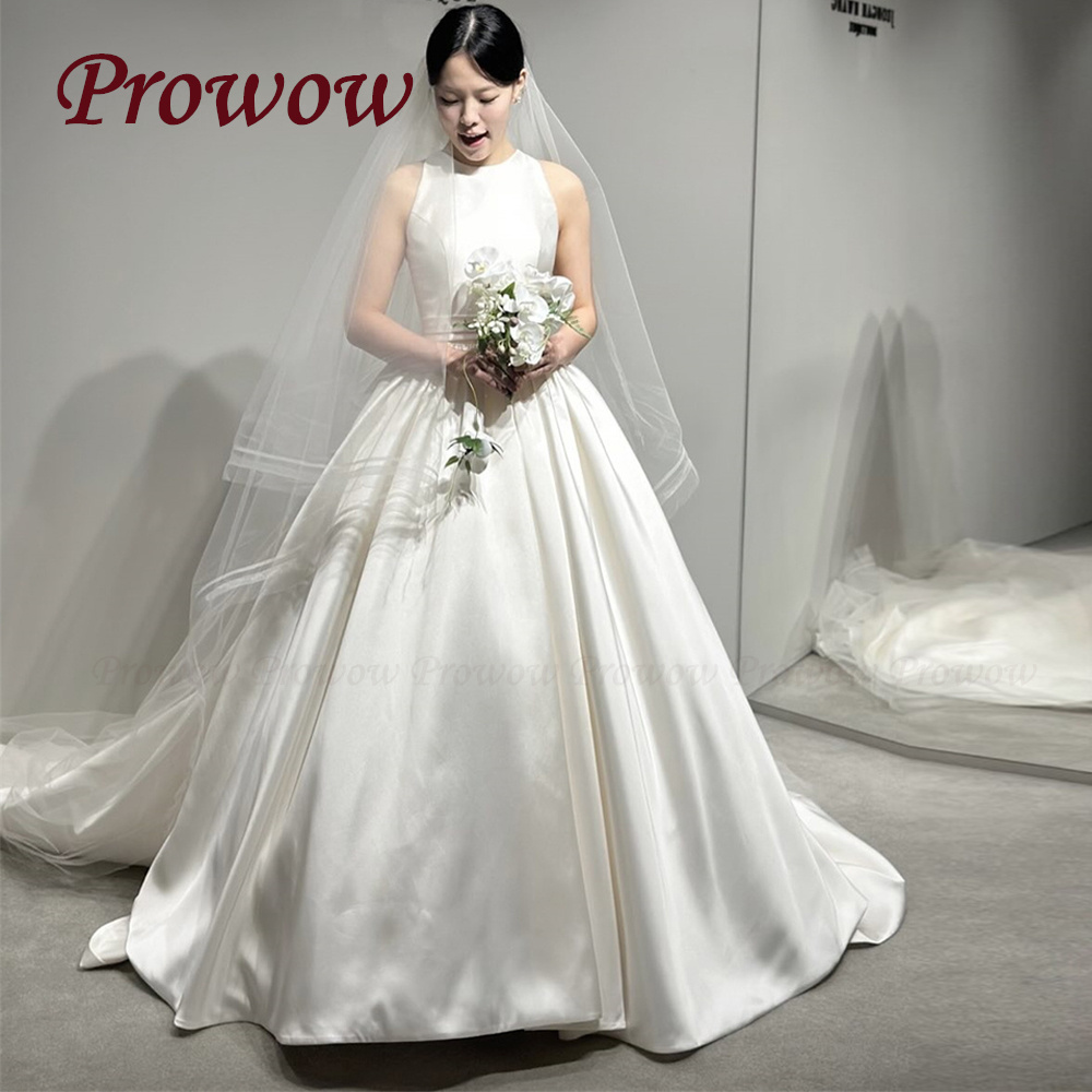 Prowow Vintage O Neck A Line Wedding Dress 웨딩드레스 Draped Soft Satin Sleeveless Bridal Gown Customized Sweep Train Zip Back