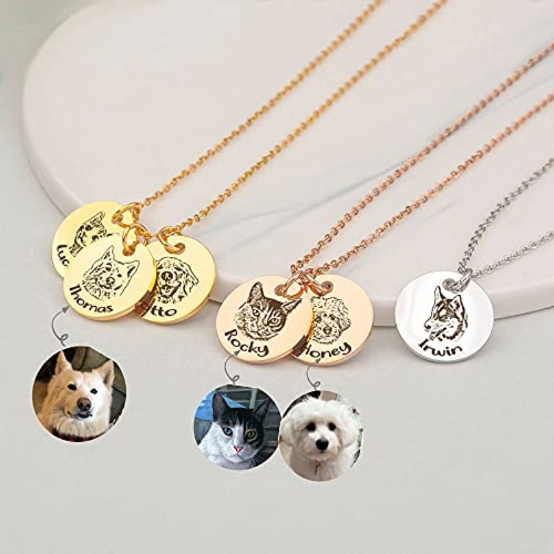 Personalized Pet Portrait Necklace Engraved Photo Name Custom Jewelry Gift for Dog or Cat Lovers Unique Holiday Gifts for Her