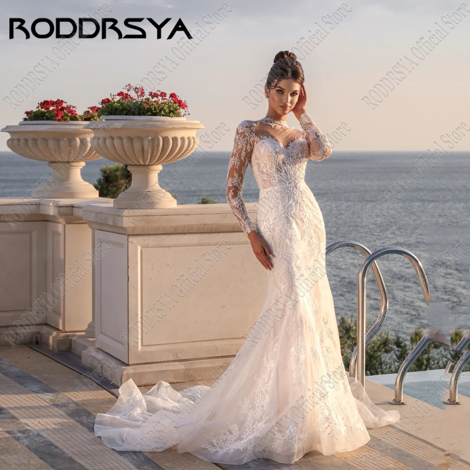 RODDRSYA Customized Elegant Long Wedding Dress 2025  Full Sleeve Tulle Applique Sweep Train A-Line Women Vestidos De Novias