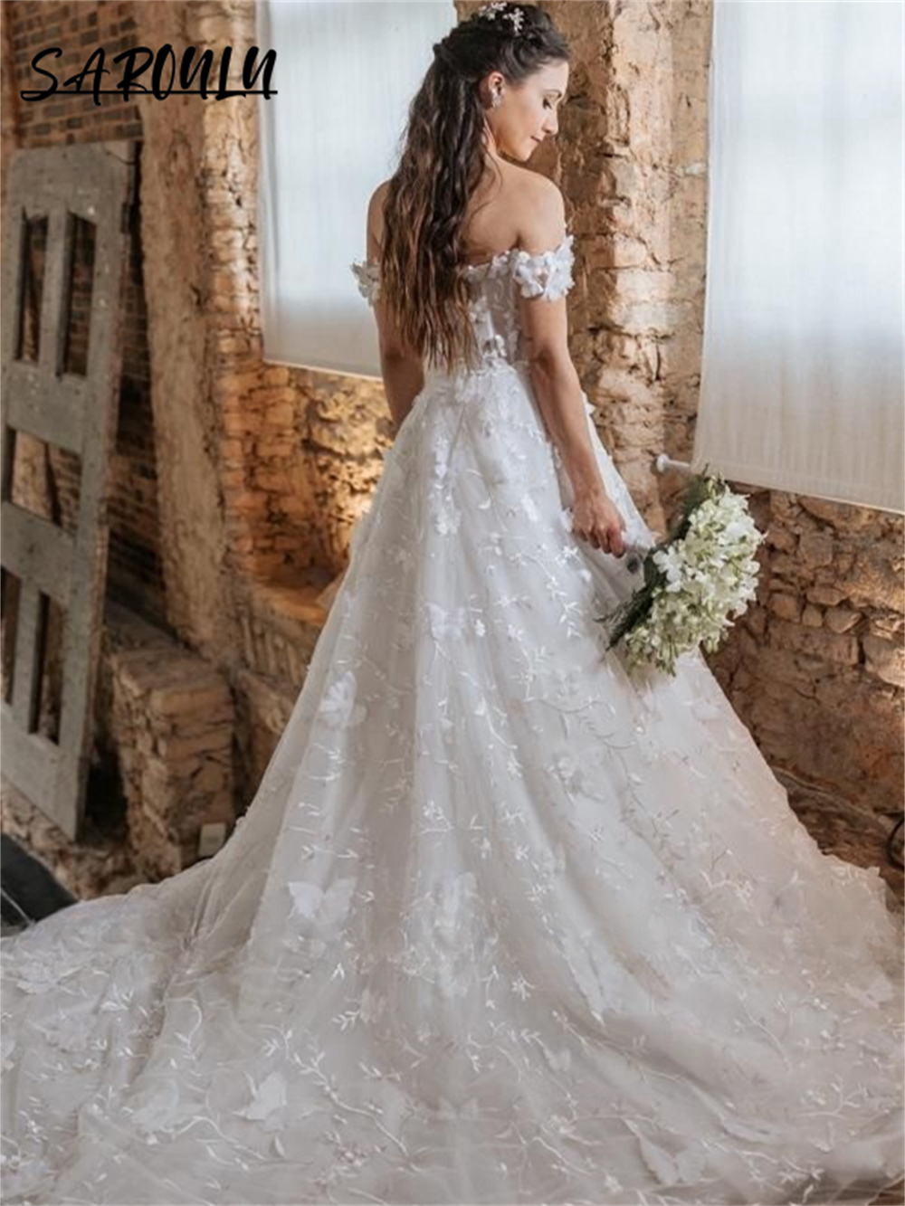 Sweet Off-The-Shoulder Wedding Dress for Women Customized Butterfly Applique A Line Long Bride Dresses Court train Bridal Gown