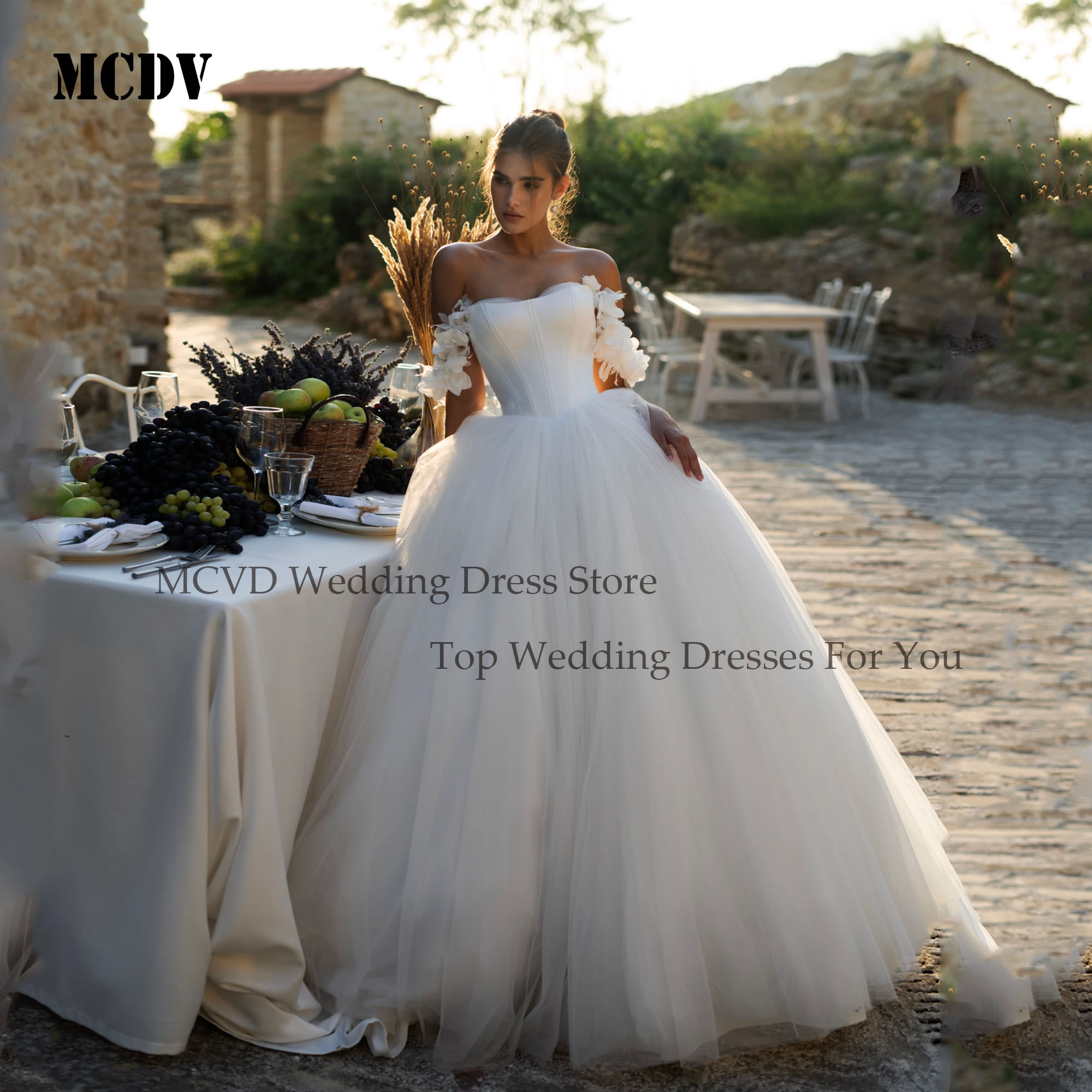 MCDV Sweetheart 3D Flowers Wedding Dresses For Women Off Shoulder Button Back Elegant Bride Gowns A-Line Tulle vestidos de novia
