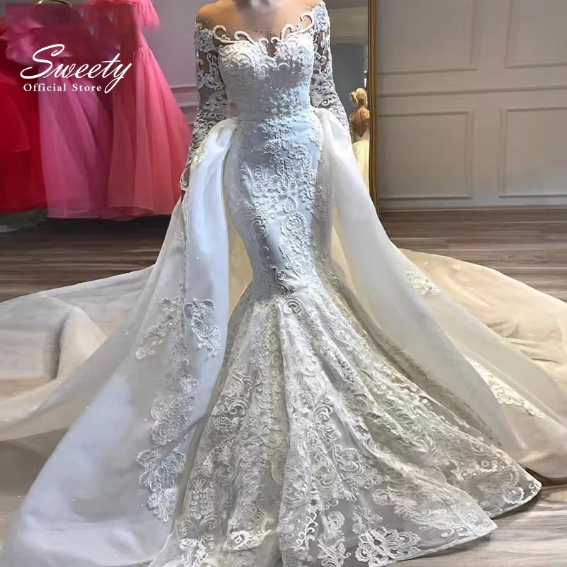 Glitter Detachable Train Wedding Dress Lace With Embroidery Beading Mermaid Ballgown Customized O-Neck Vestido De Novia Bride