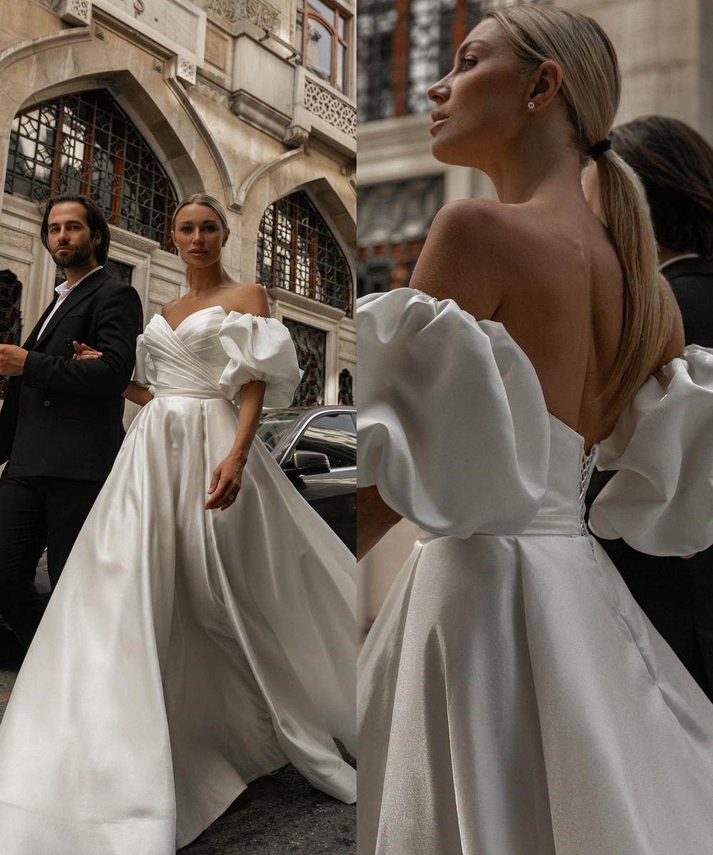 Customized Elegant White Satin Wedding Dress Exquisite Strapless Detachable Sleeve Short Sleeves Chapel Train Bridal Gowns