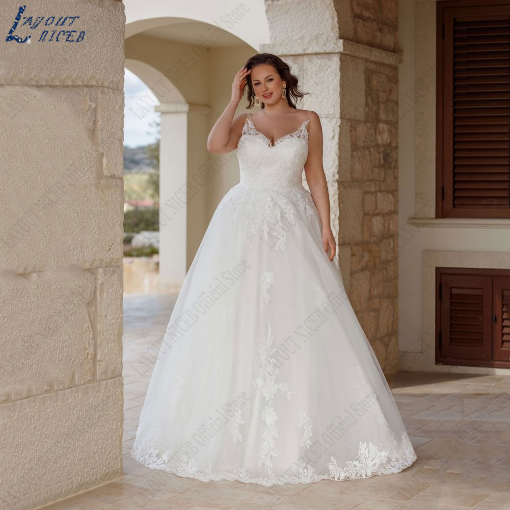 LAYOUT NICEB Plus Size V-Neck Wedding Dress Appliques Lace Sleeveless Bride Gowns Backless A-Line Tulle Custom vestidos de noiva