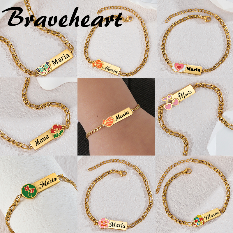 Personalized Gold Plated Stainless Steel Bar Bracelet Engraved Name For Women Men Stainless Steel Enamel Drop Oil Jewelry Gifts