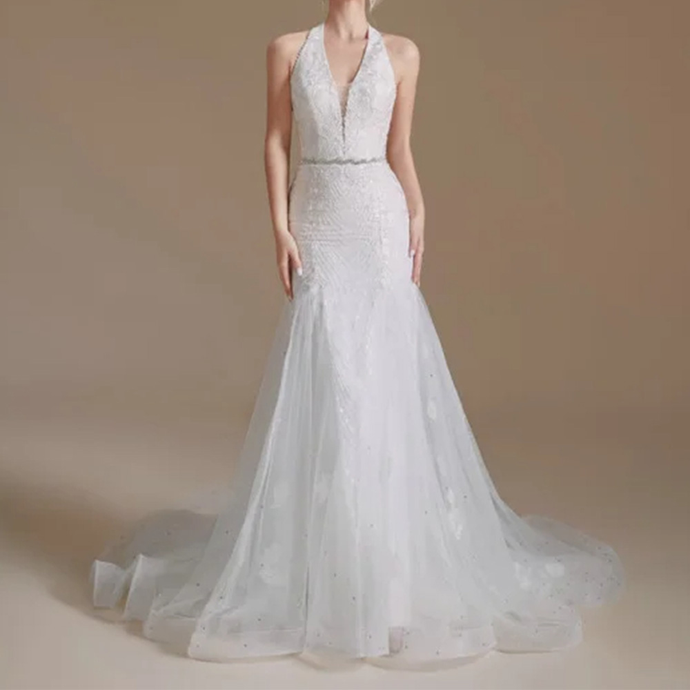 Customizedluxury Sequined Lace Appliques Tulle Wedding Dresses Halter Mermaid Floor Length Sweep Train Buttons Back Sleeveless B