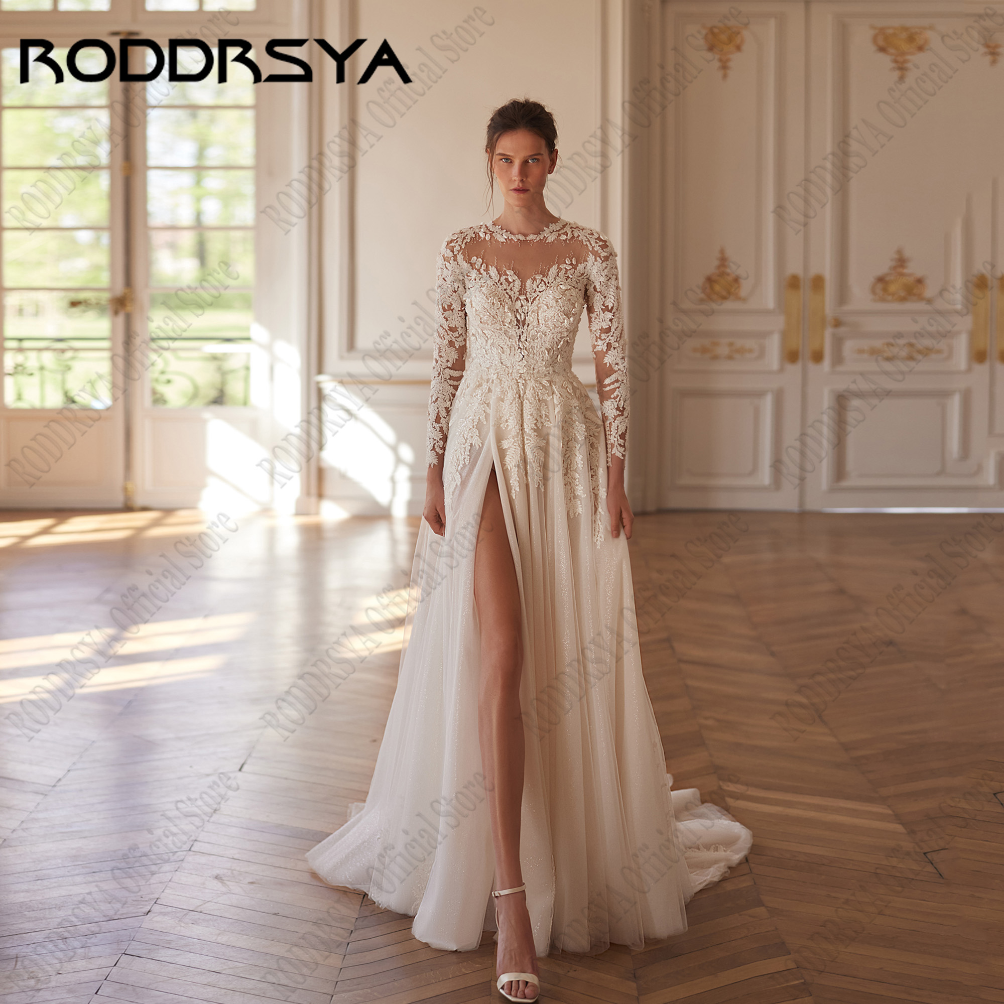 RODDRSYA Luxury Wedding Dress Women Long Sleeves O-Neck Side Split Bride Gowns Applique Lace A-Line Vestidos De Novia Bohemios