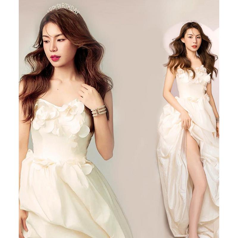 Temperament Strapless Bride Satin Flower Sleeveless Front Short Back Long Trailing Banquet Wedding Dress  Customized