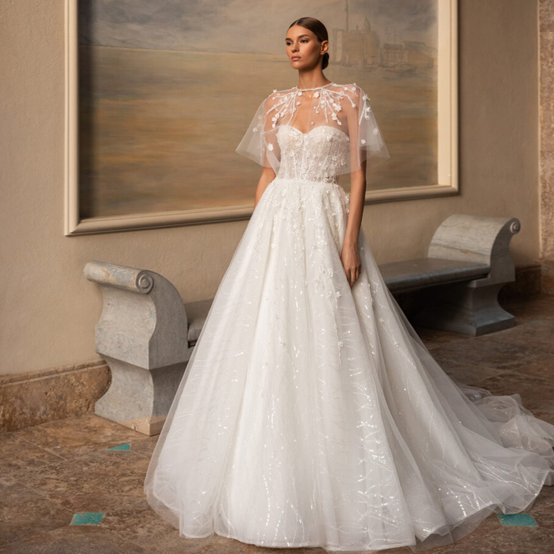 Detmgel New Exquisite Scoop Neck A-Line Wedding Dresses Shawl Shiny Lace Appliques Beaded Court Train Bridal Dress Customized