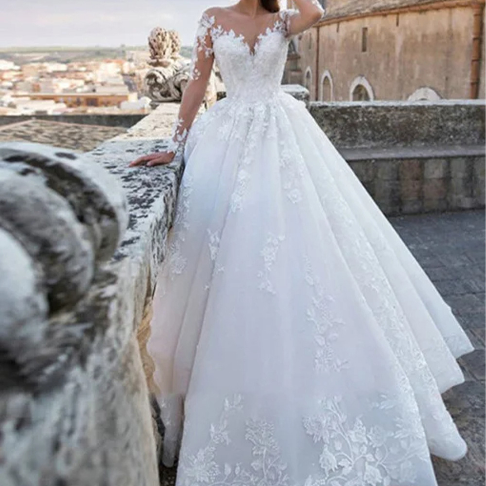 CustomizedExquisite Lace Up Back Appliques Lace Organza Wedding Dresses Delicate A-Line Sweep Train Robe de mariée Long Sleeves 