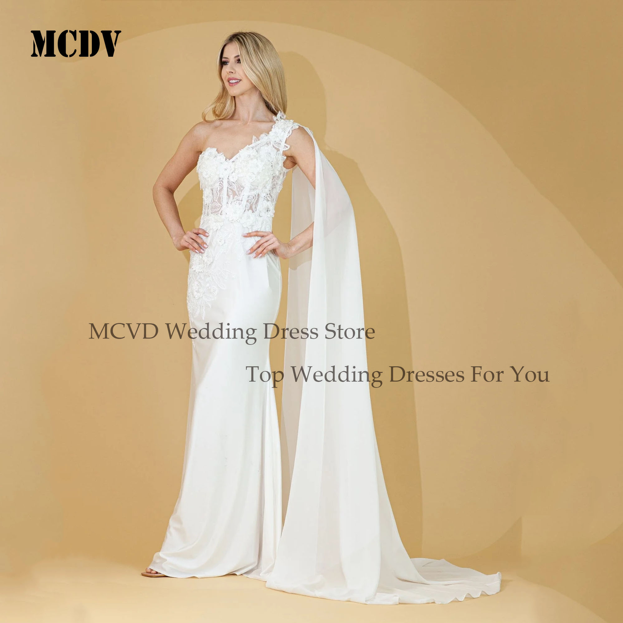 MCDV Mermaid 3d Flowers Wedding Dresses Shawl Appliques Satin Sleeveless Bridal Gowns Sexy Sweetheart Wedding Dress Customized