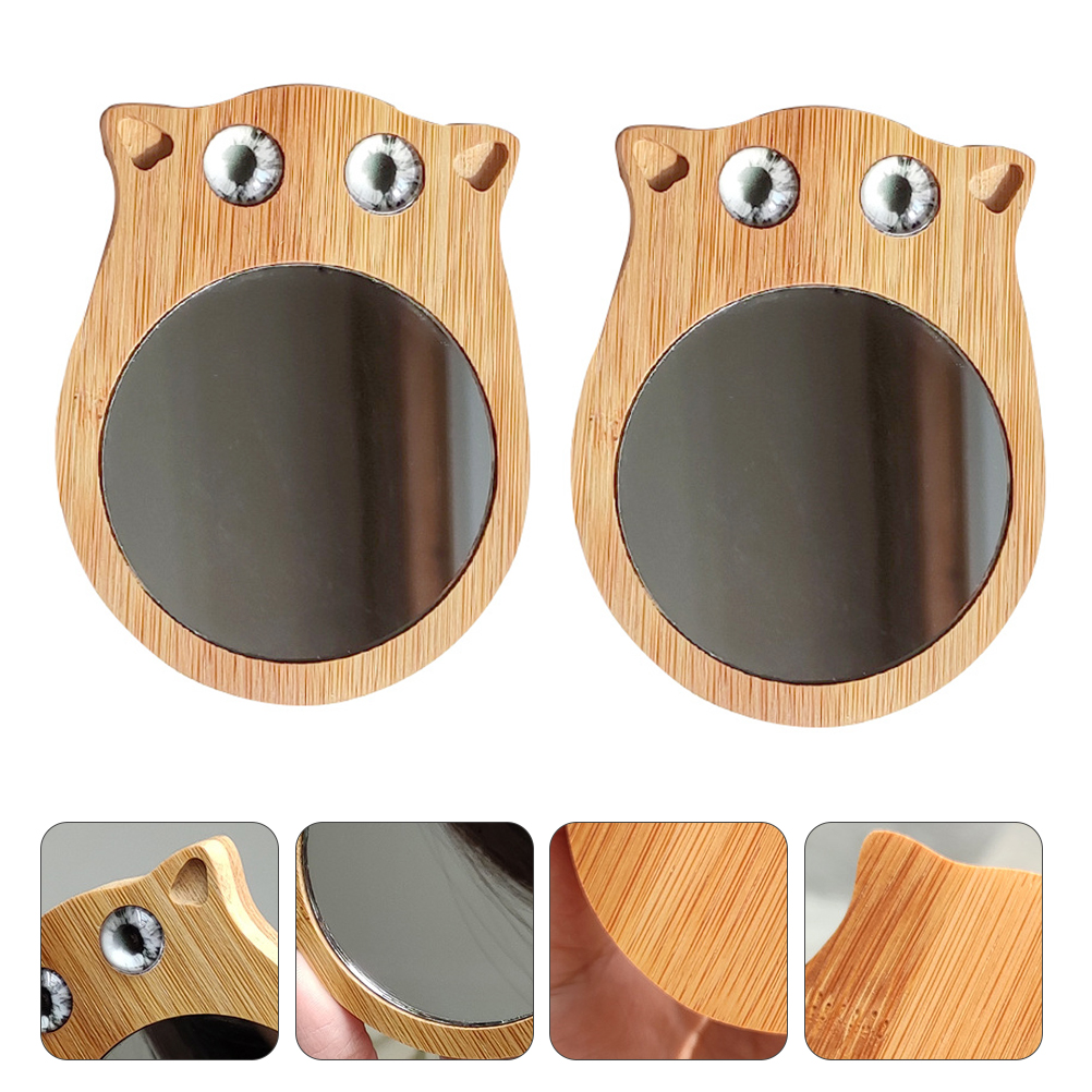 2Pcs Mini Makeup Mirror Portable Lightweight Compact Pocket Size Cat Shaped Wooden Vanity Travel Hiking Home High Definition