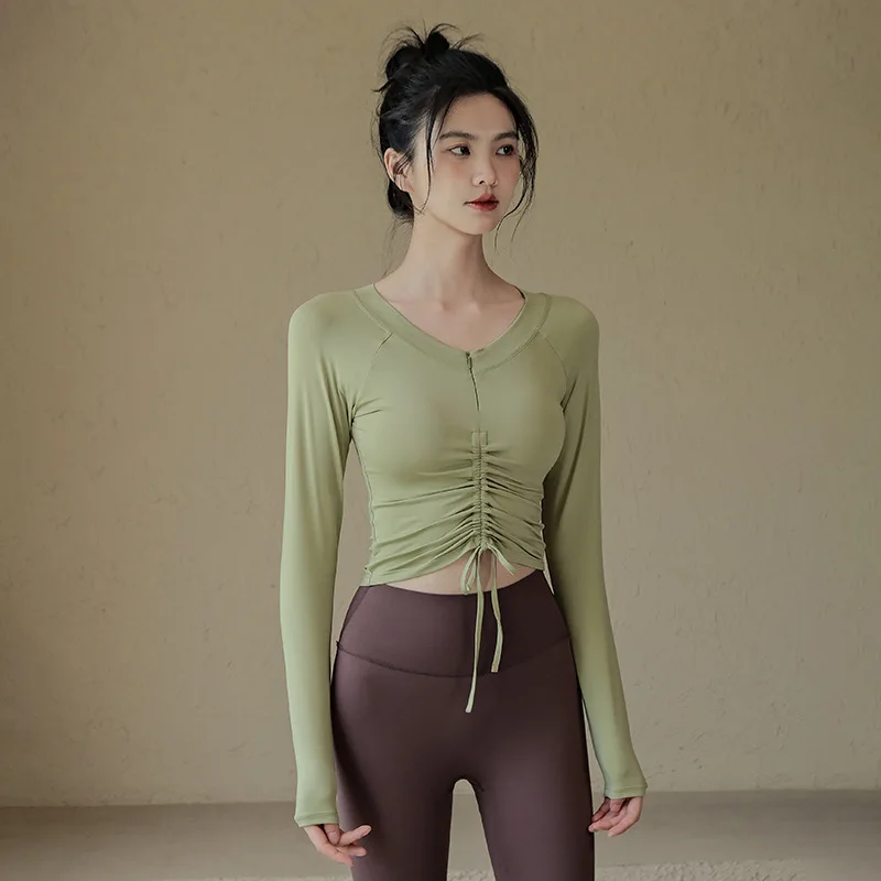 Yoga Women's Sports Top, Tight Fitting Drawstring, Long Sleeved Outer Wear, Running, Pilates Training, Fitness