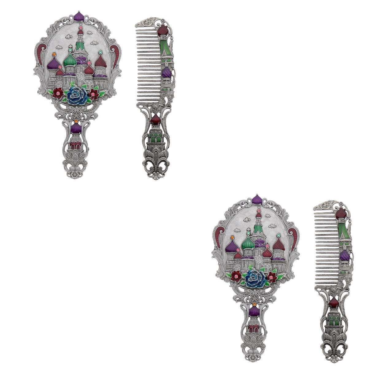 2 Sets Premium Hand Care Tool Compact Vintage Comb Makeup Mirrors Woman Vanity Handhold Mirror Shower Fogless Travel