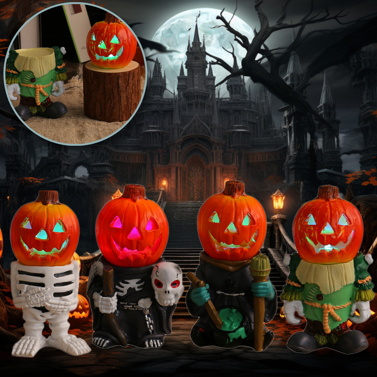 Halloween Pumpkin Knight Desktop Ornaments Decorative LED Light Glowing Pumpkin Head Ghost Resin Garden Decoration