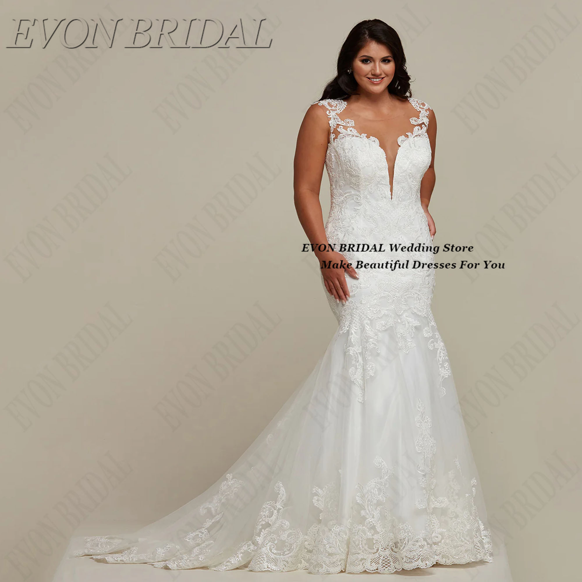 Lace Size Wedding Dresses Mermaid Elegant Woman Bride Dresses Classic Appliques Women Party Wedding Gowns EVON BRIDAL Customized