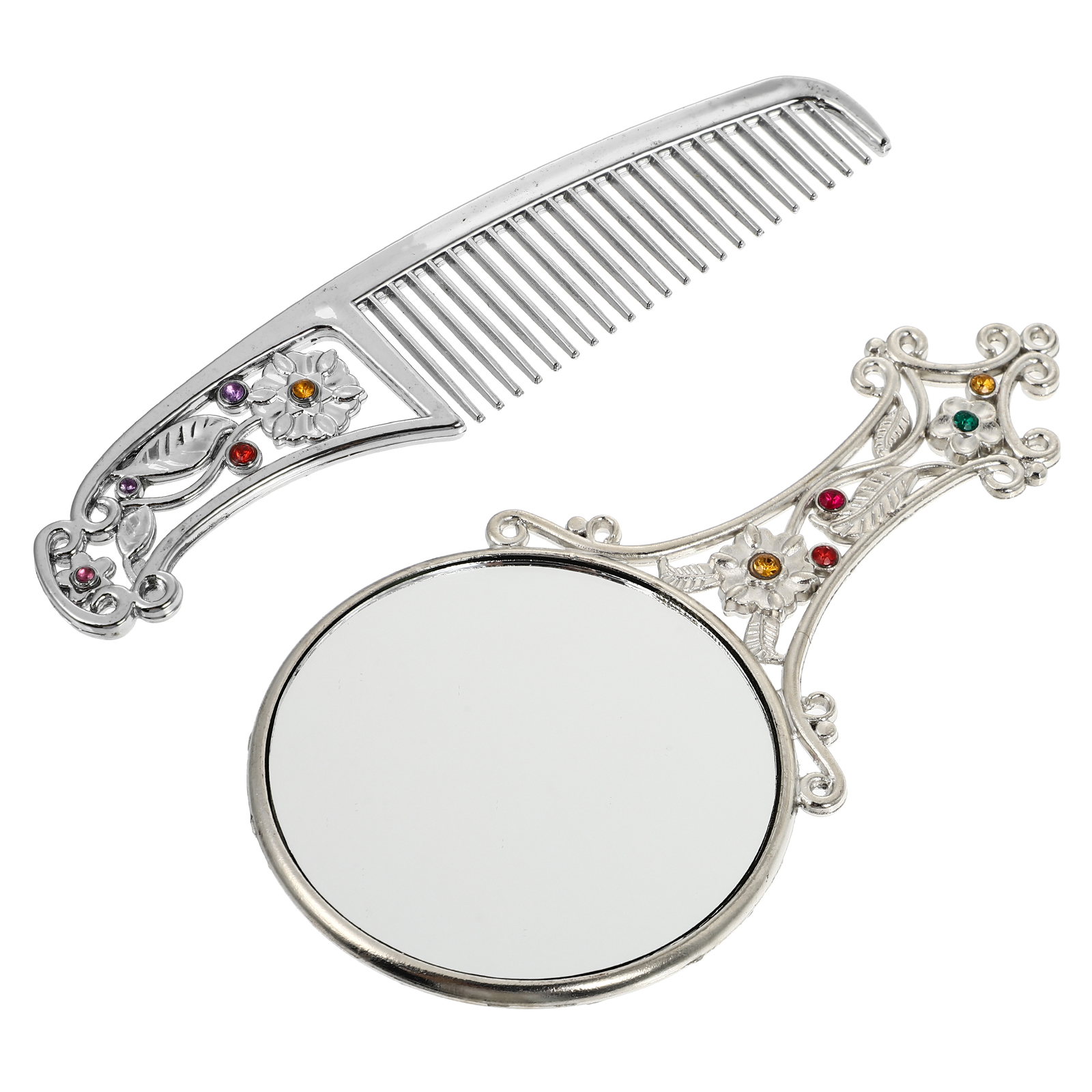 Retro Floral Comb Set Makeup Mirror Vanity Portable with Light Compact Brush Suit