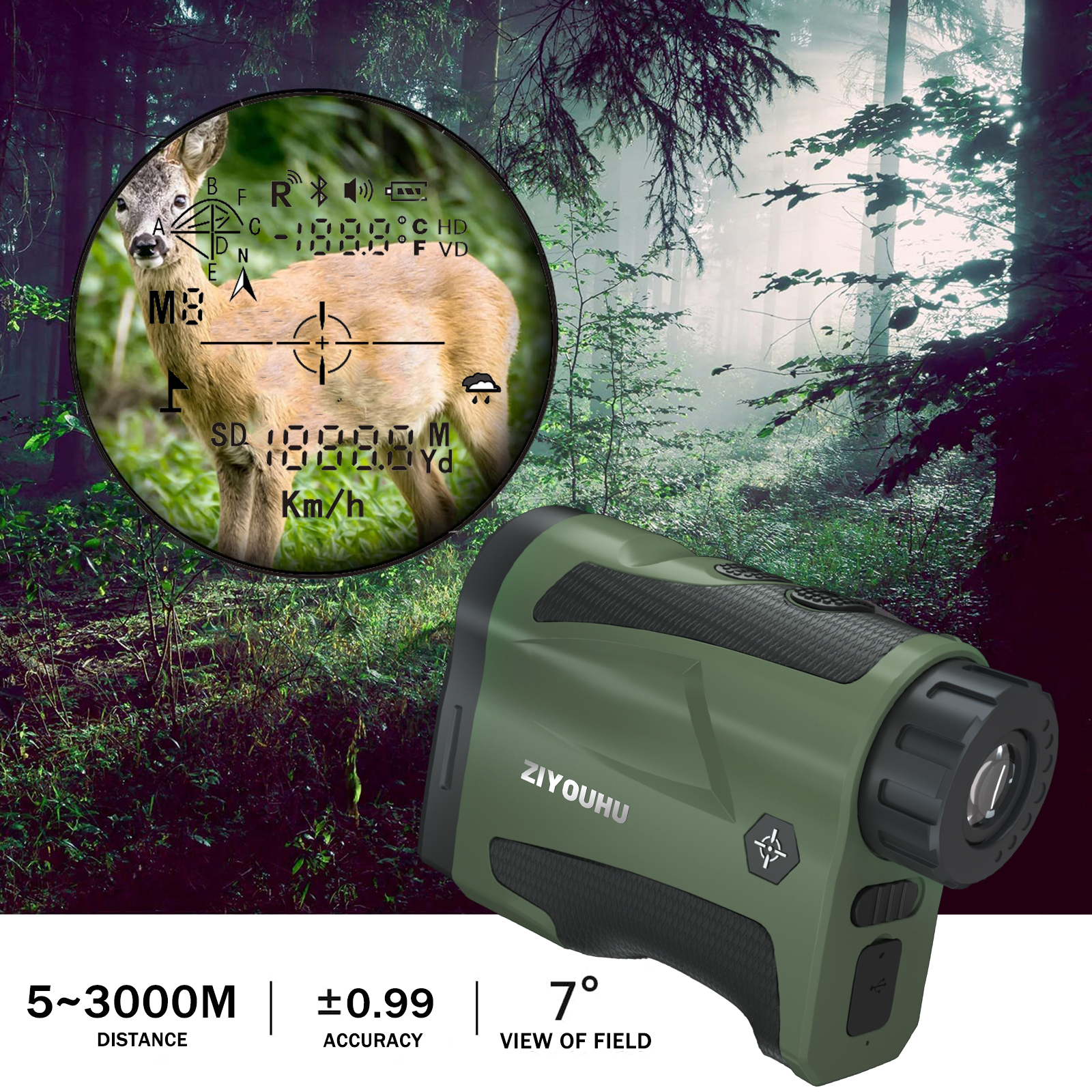 ZIYOUHU LF3000 Handheld Laser Range Finder 3000m Long-Range Multi-Mode Height Angle Measurement for Hunting Golf