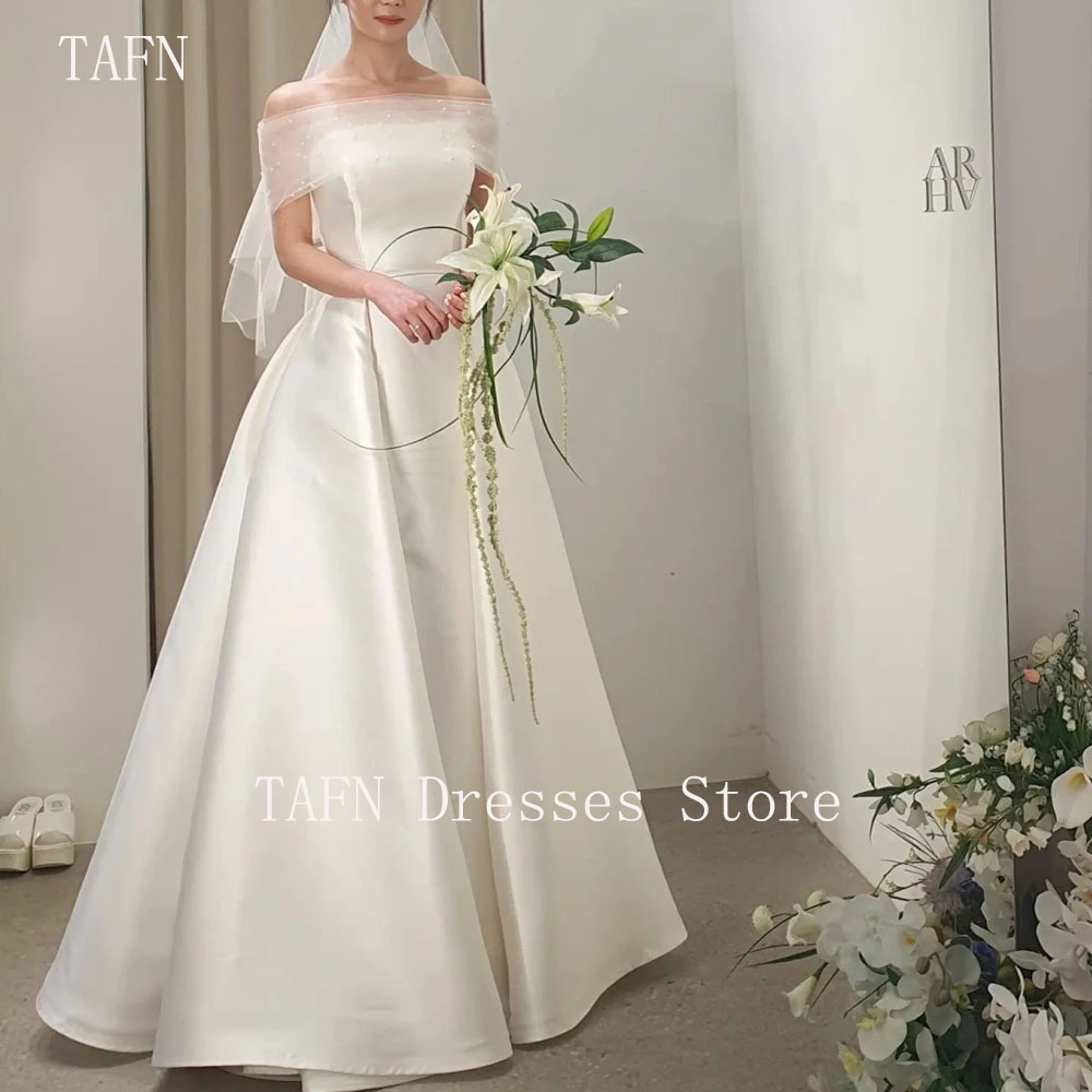 TAFN Off the Shoulder Satin Wedding Dresses Custom Made Pearls Short Sleeves 웨딩드레스 Brides Gowns for Women Bridal Dresses