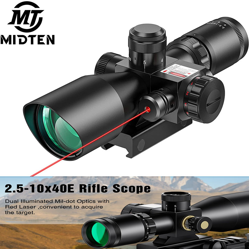 MidTen 2.5-10x40 Red Green Illuminated Mil-dot Scope 20mm Picatinny Fit Rifle with Laser Combo - Green Lens Color Mounts