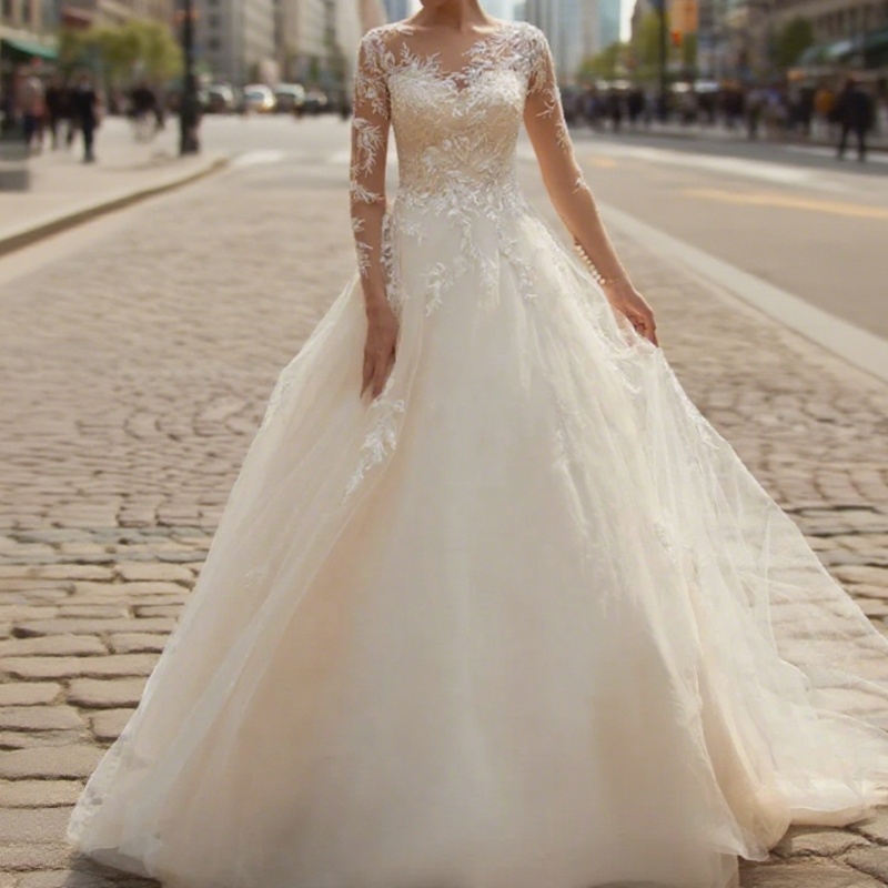 Sexy Wedding Dresses See Through Applique Sequined Long Sleeve Tulle A Line Sweep Train Bridal Gown with Buttons Customized