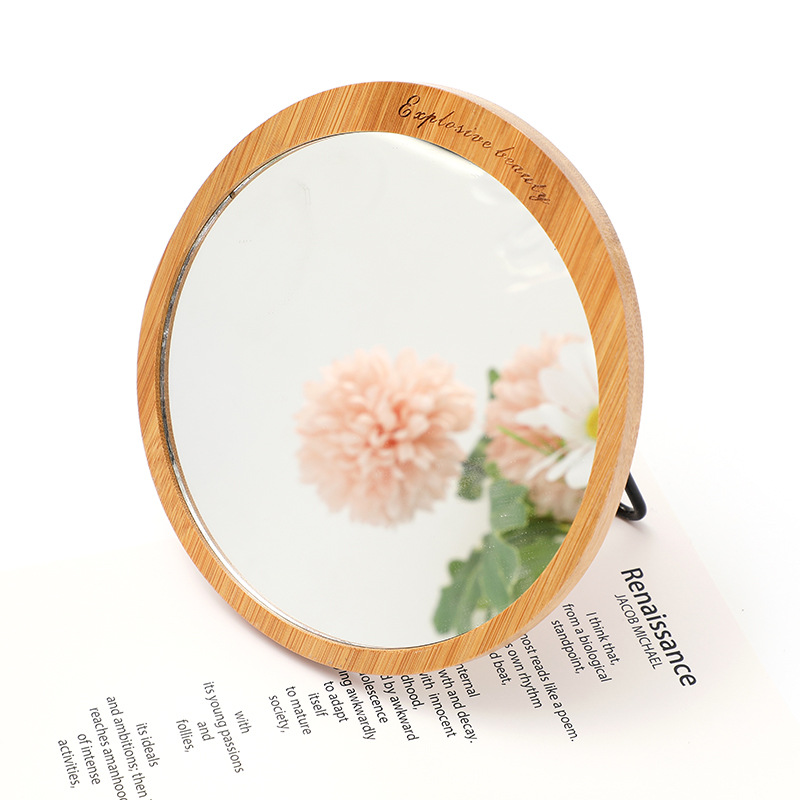 Desktop oval makeup mirror bamboo HD mirror adjustable angle dressing mirror foldable portable single-sided mirror