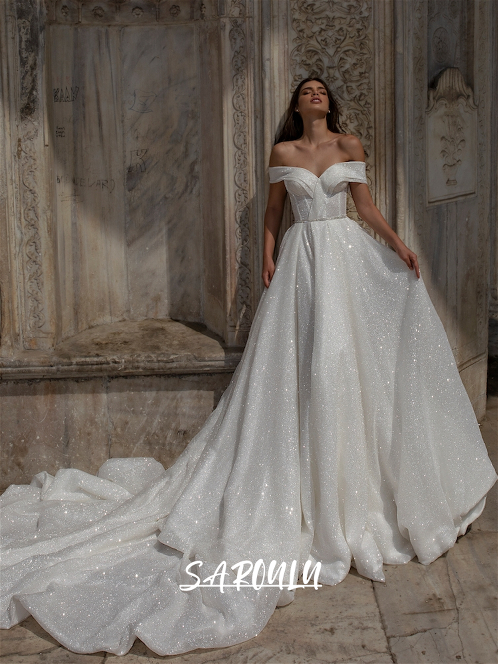 Elegant Sequined Modern Wedding Dresses for Bride Off Shoulder Sleeves Glitter Ball Gown Bride Dress Corset Bridal Gown