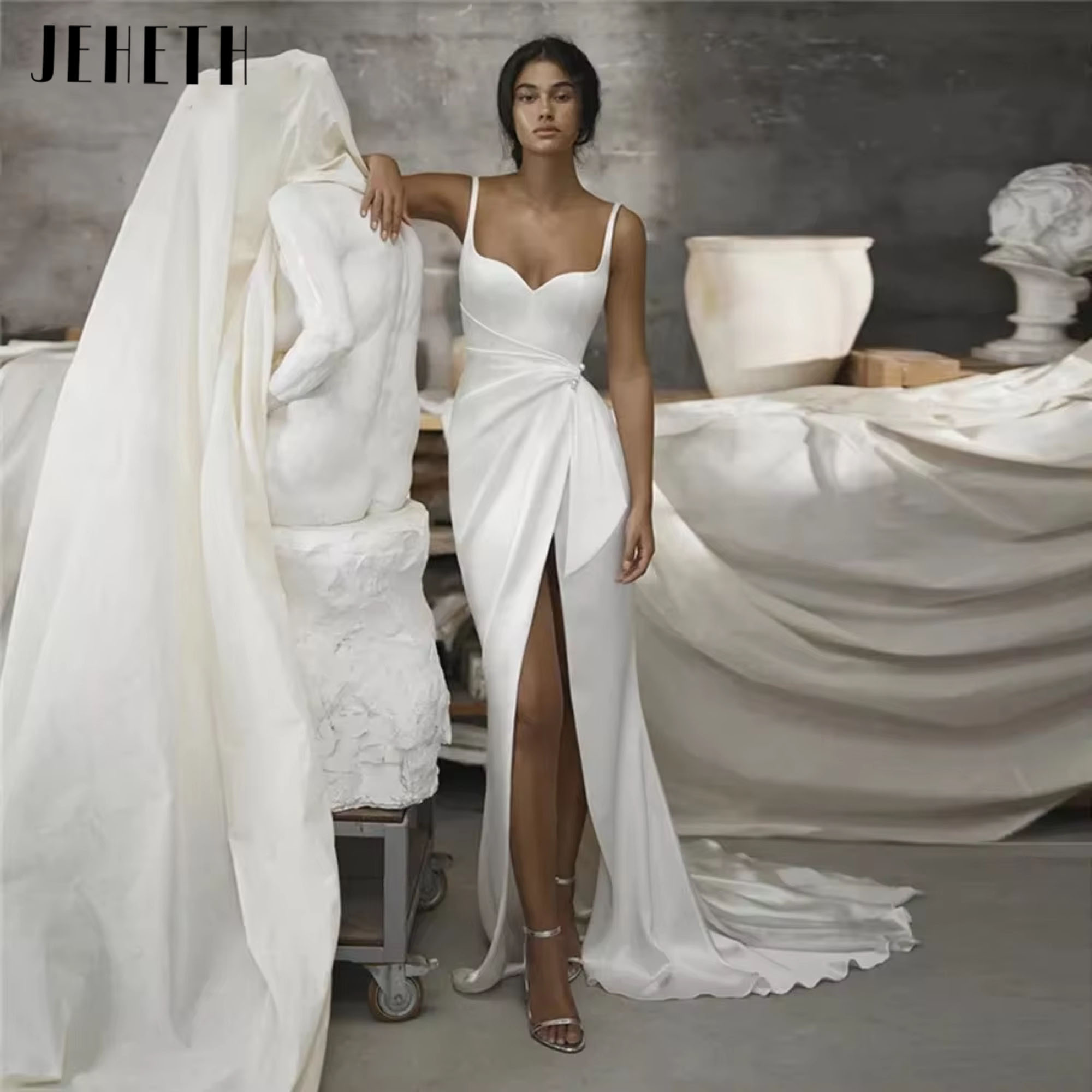 JEHETH Vintage Simple Mermaid Wedding Dresses 2025 Backless Side Slit Satin  Bohemian Bridal Gowns Vestidos De Noiva Customized