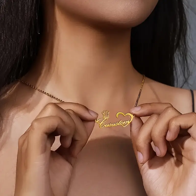 Custom Crown Name Necklace for Women Stainless Steel Personalized Name Heart Choker Pendant Necklaces Birthday Jewelry Gift BFF