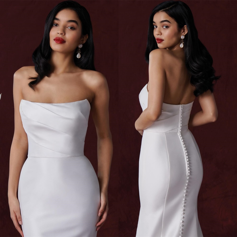 Customized Mermaid Temperament Satin Wedding Dresses Dreamy Strapless Sleeveless Bow Heavy Industry Wedding Dresses Bride Gowns