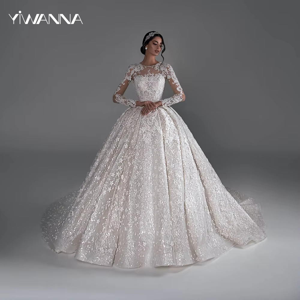 Gorgeous Ball Gown Long Bridal Gown Modest O-neck Wedding Dress Sequined Lace Appliques Bride Robe Customized Robe De Mariée