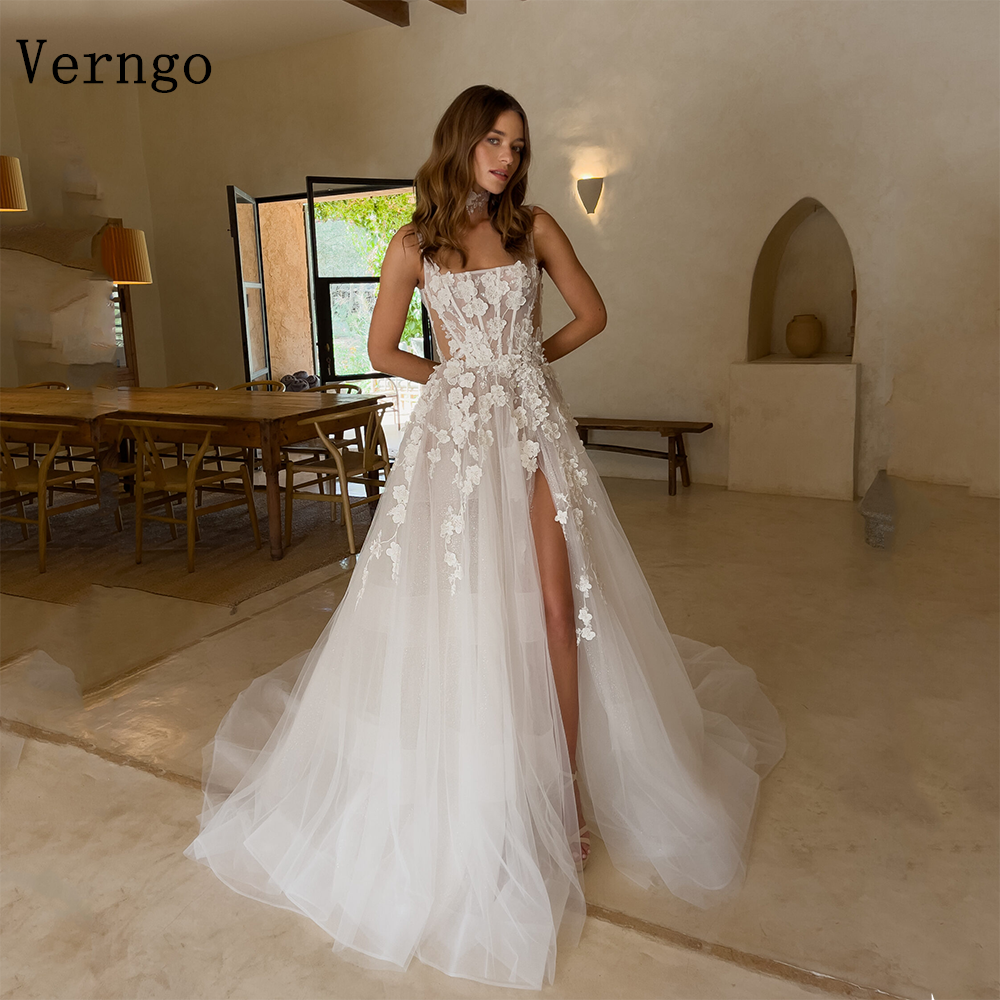 Verngo lvory Appliques Wedding Dresses Elegant Tulle Sweap Train Bride Gowns Side Slit Moderm Bridal Dresses Cutomized