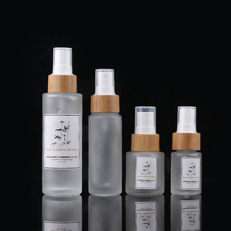 Glass Serum Spray Bottles With Bamboo Collar Spray Lid Perfume Liquid Packaging Bamboo Collar Frosted Glass Cosmetic Bottles