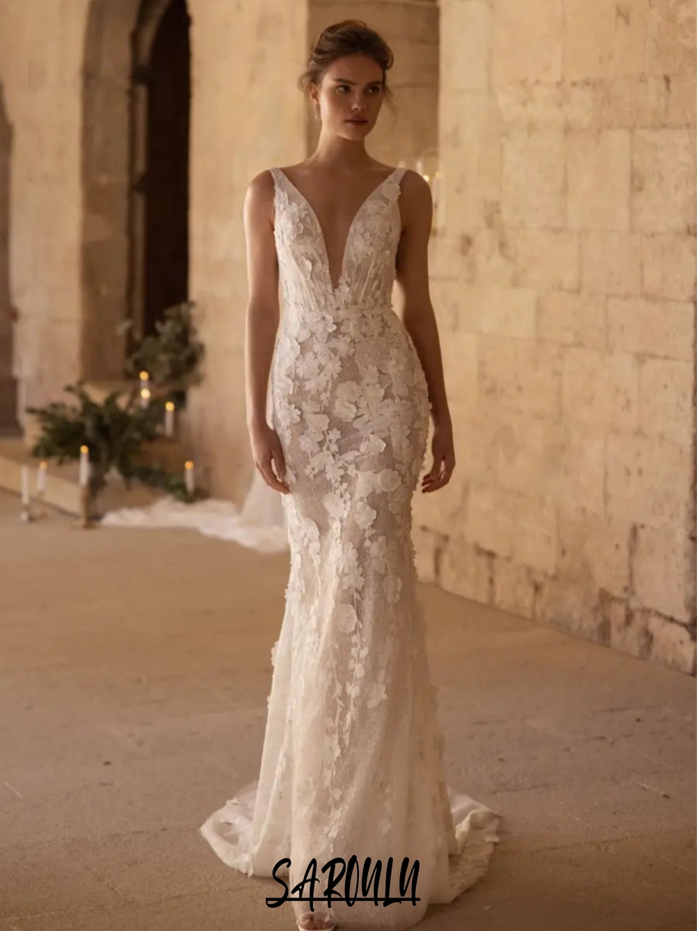 Chic Flowers Open Back Wedding Dress Sexy Mermaid Customized Lace Bride Wear Modern Tank Sleeves Gorgeous Women Bridal Gown