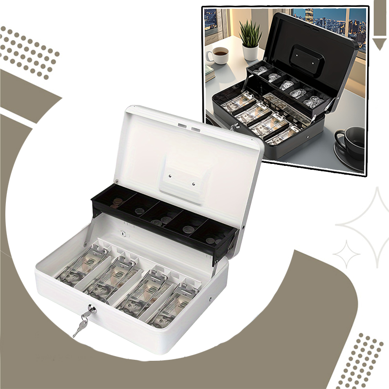 29.97cm x 24.13cm x 8.89cm Black Money Box with Key Lock 4 Bill Slots 5 Coin Trays for convenience store Storing Cash & Valuable