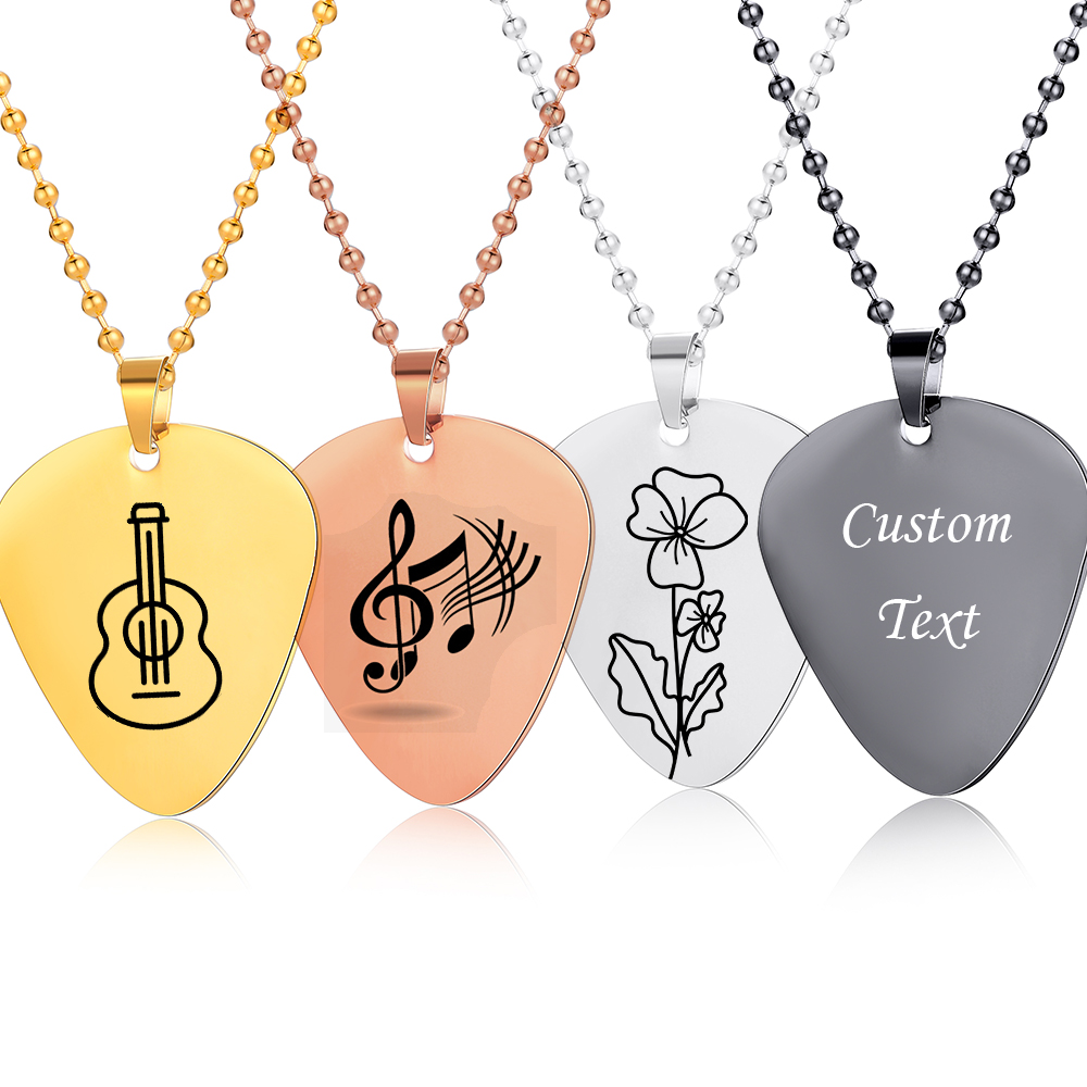 Stainless Steel Personalized Name Guitar Necklaces for Men Women Customized Guitar Plectrum Pendant Music Lovers Gift